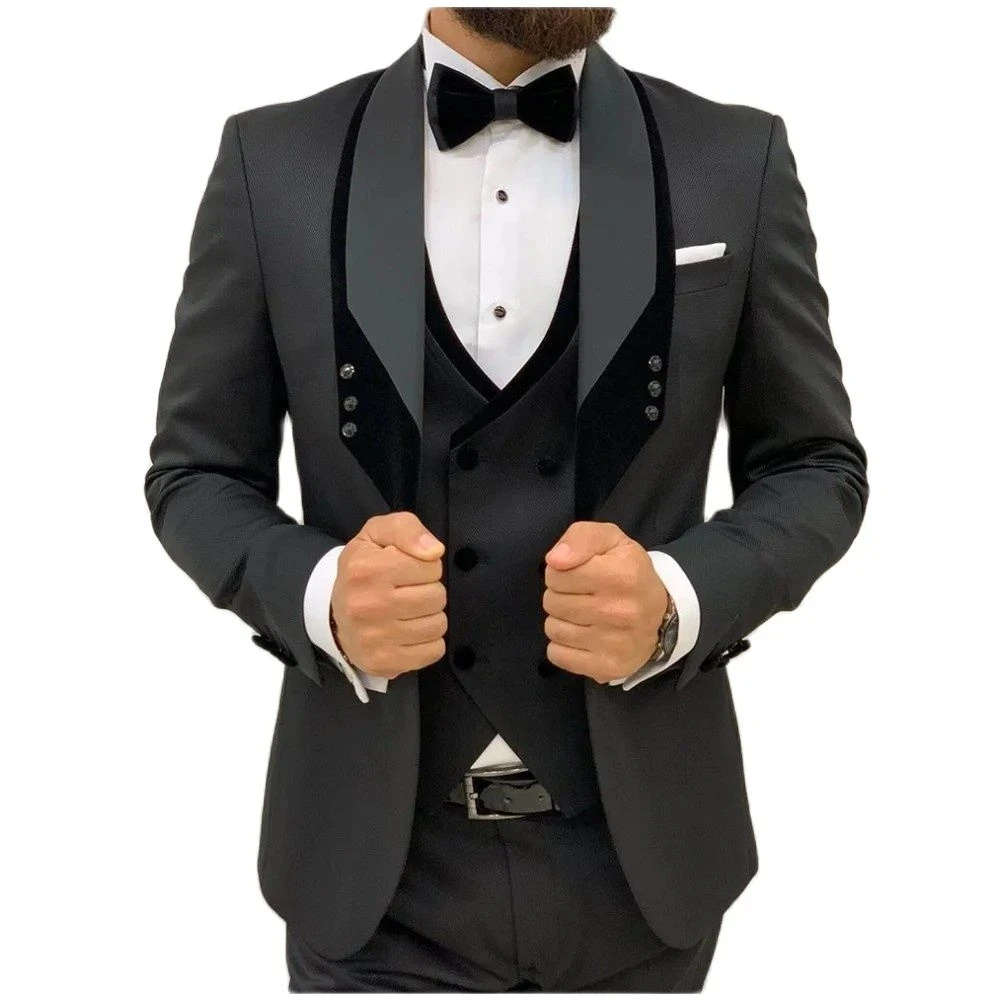 Костюмы для мужчин, приталенный черный бархатный воротник с лацканами в стиле пэчворк, Официальная деловая мода, свадебный костюм жениха, смокинг, 3 шт. 0