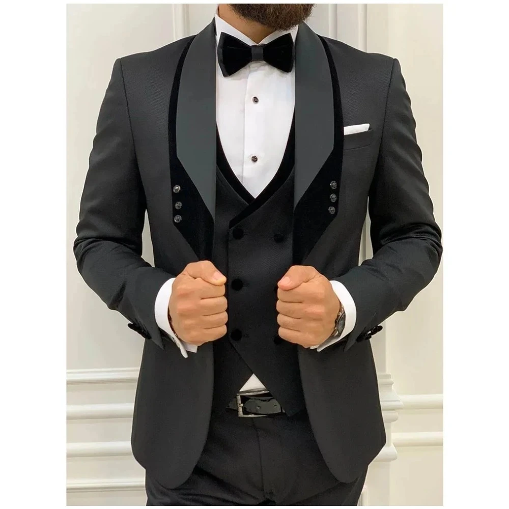 Костюмы для мужчин, приталенный черный бархатный воротник с лацканами в стиле пэчворк, Официальная деловая мода, свадебный костюм жениха, смокинг, 3 шт. 1