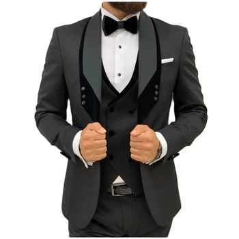 Костюмы для мужчин, приталенный черный бархатный воротник с лацканами в стиле пэчворк, Официальная деловая мода, свадебный костюм жениха, смокинг, 3 шт.