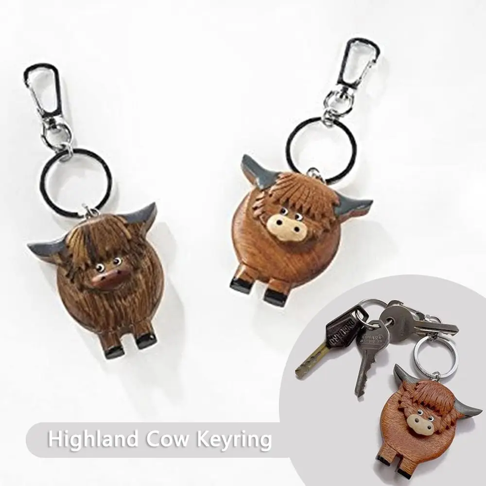 Деревянный брелок для ключей Highland Cow, портативная пряжка для ключей от автомобиля, забавный брелок для ключей Highland Cow, подарки, аксессуары для интерьера автомобиля 2