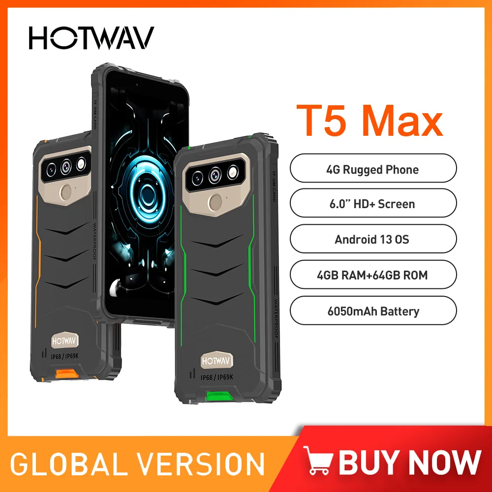 T5 Max HOTWAV 4G Прочный Мобильный Телефон Android 13 MTK6761 OS NFC Аккумулятор 6050 мАч 4 ГБ 64 ГБ 6,0-дюймовый Экран С Тремя Защитами Телефона 0