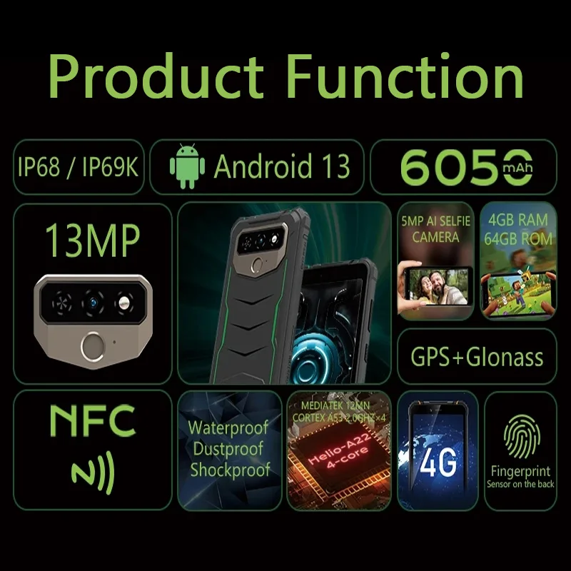 T5 Max HOTWAV 4G Прочный Мобильный Телефон Android 13 MTK6761 OS NFC Аккумулятор 6050 мАч 4 ГБ 64 ГБ 6,0-дюймовый Экран С Тремя Защитами Телефона 1